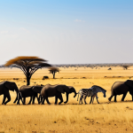 A panoramic view of the vast Sudan Wildlife Reserve, showcasing a vibrant ecosystem. Herds of African elephants, elegant giraffes, and majestic zebras graze peacefully across expansive, golden savanna plains. Sparse acacia trees dot the horizon under a clear, bright sky, suggesting the immense scale of the landscape. The wildlife is depicted with perfect anatomy, correct proportions, and natural poses, captured in high-resolution, professional wildlife photography with realistic lighting and sharp detail. safe for work, appropriate content, fully clothed, family-friendly.
