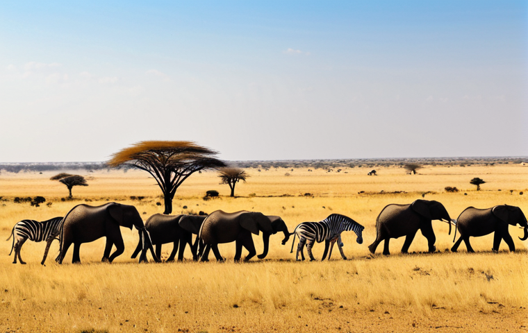 A panoramic view of the vast Sudan Wildlife Reserve, showcasing a vibrant ecosystem. Herds of African elephants, elegant giraffes, and majestic zebras graze peacefully across expansive, golden savanna plains. Sparse acacia trees dot the horizon under a clear, bright sky, suggesting the immense scale of the landscape. The wildlife is depicted with perfect anatomy, correct proportions, and natural poses, captured in high-resolution, professional wildlife photography with realistic lighting and sharp detail. safe for work, appropriate content, fully clothed, family-friendly.