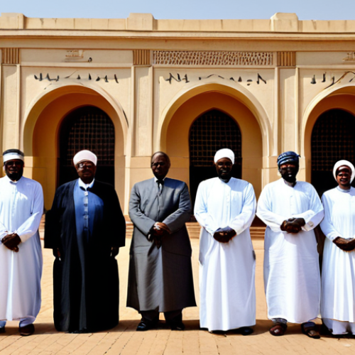 Home 10 Political Legacy**
"A group of diverse Sudanese people, fully clothed in traditional and modern modest attire, standing in front of the Sudanese parliament building in Khartoum. The building shows subtle signs of colonial-era architecture. Overlaid is a faded map hinting at historical divisions. Safe for work, appropriate content, perfect anatomy, correct proportions, professional, family-friendly, high-quality image."
**