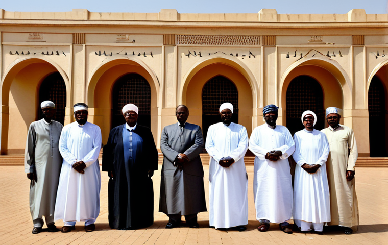Political Legacy**

"A group of diverse Sudanese people, fully clothed in traditional and modern modest attire, standing in front of the Sudanese parliament building in Khartoum. The building shows subtle signs of colonial-era architecture. Overlaid is a faded map hinting at historical divisions. Safe for work, appropriate content, perfect anatomy, correct proportions, professional, family-friendly, high-quality image."

**