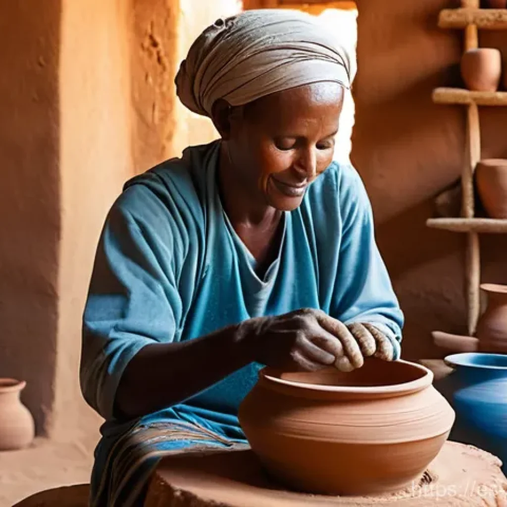 수단 도자기 및 도예 기술 - **Prompt 1: Nubian Potter at Work with Traditional Clay**
    "A detailed, realistic image of an exp...