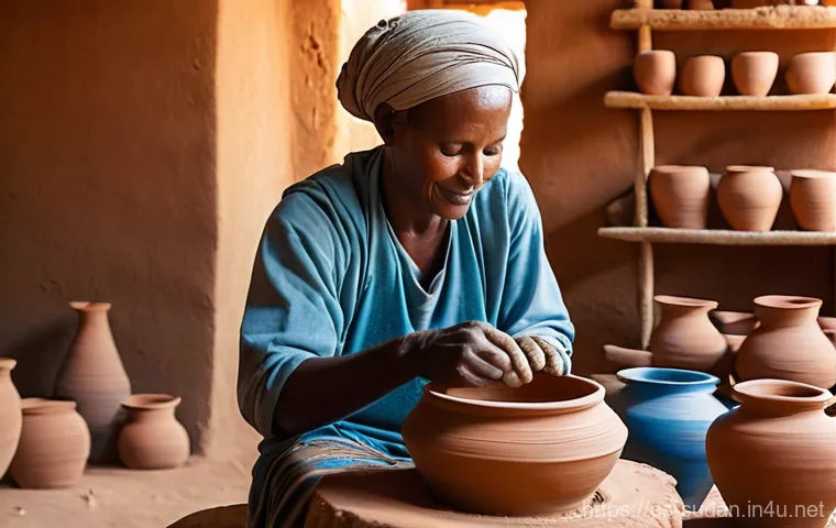 수단 도자기 및 도예 기술 - **Prompt 1: Nubian Potter at Work with Traditional Clay**
    "A detailed, realistic image of an exp...
