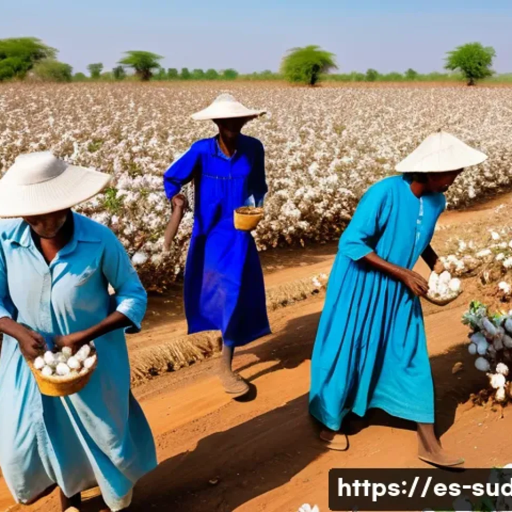 수단 목화 생산과 무역 - A vibrant rural Sudanese cotton farm scene during harvest season, showing a group of diverse farmers...