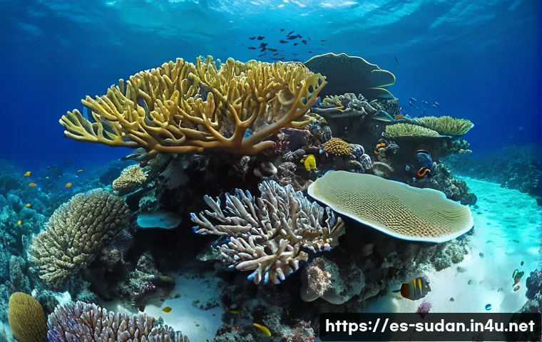 수단 홍해 다이빙 명소 - A vibrant underwater scene showcasing the pristine coral reefs of the Red Sea off Sudan&rsquo;s coast, fea...