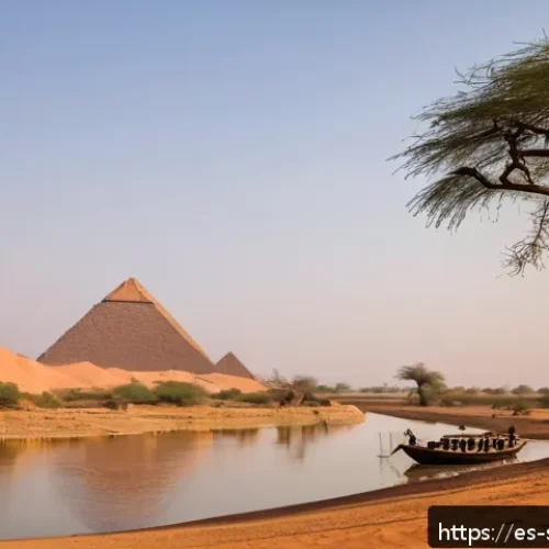 Home 32 수단 나일강 크루즈 여행 - A serene desert landscape along the Nile River in Sudan at sunset, featuring ancient Nubian pyramids...