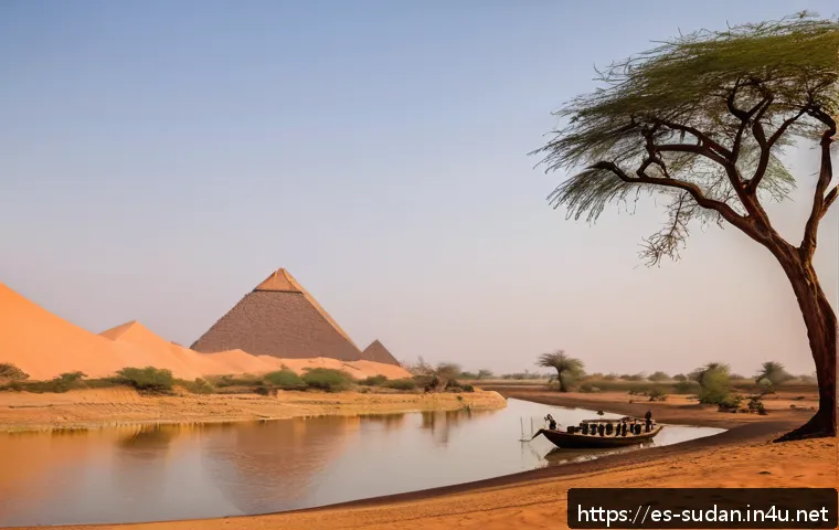수단 나일강 크루즈 여행 - A serene desert landscape along the Nile River in Sudan at sunset, featuring ancient Nubian pyramids...
