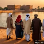 Home 19 수단 역사적 사건 - A detailed scene depicting a diverse group of Sudanese people in traditional clothing, gathered arou...