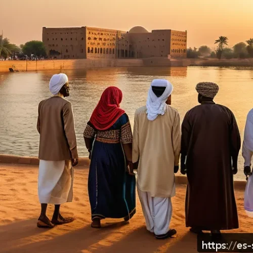 Home 31 수단 역사적 사건 - A detailed scene depicting a diverse group of Sudanese people in traditional clothing, gathered arou...