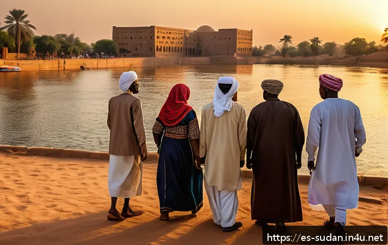 수단 역사적 사건 - A detailed scene depicting a diverse group of Sudanese people in traditional clothing, gathered arou...