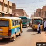 Home 18 수단 대중교통 이용법 - A bustling urban street scene in Khartoum, Sudan, showing a variety of public transportation options...
