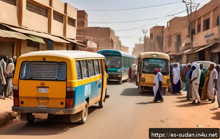수단 대중교통 이용법 - A bustling urban street scene in Khartoum, Sudan, showing a variety of public transportation options...
