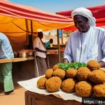 Home 23 수단 음식 문화 - A vibrant Sudanese street food scene in Khartoum featuring a vendor preparing ta’amiya (Sudanese fal...