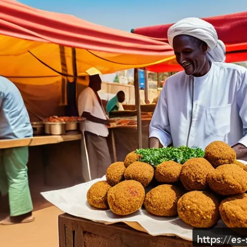 Home 17 수단 음식 문화 - A vibrant Sudanese street food scene in Khartoum featuring a vendor preparing ta’amiya (Sudanese fal...