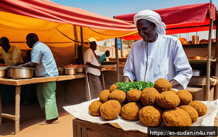 수단 음식 문화 - A vibrant Sudanese street food scene in Khartoum featuring a vendor preparing ta&rsquo;amiya (Sudanese fal...