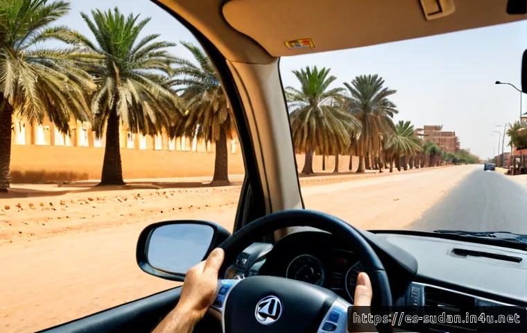 수단 렌터카 운전 규칙 - Photorealistic rental car driving on the right side of a wide paved road in Khartoum, Sudan, adult d...